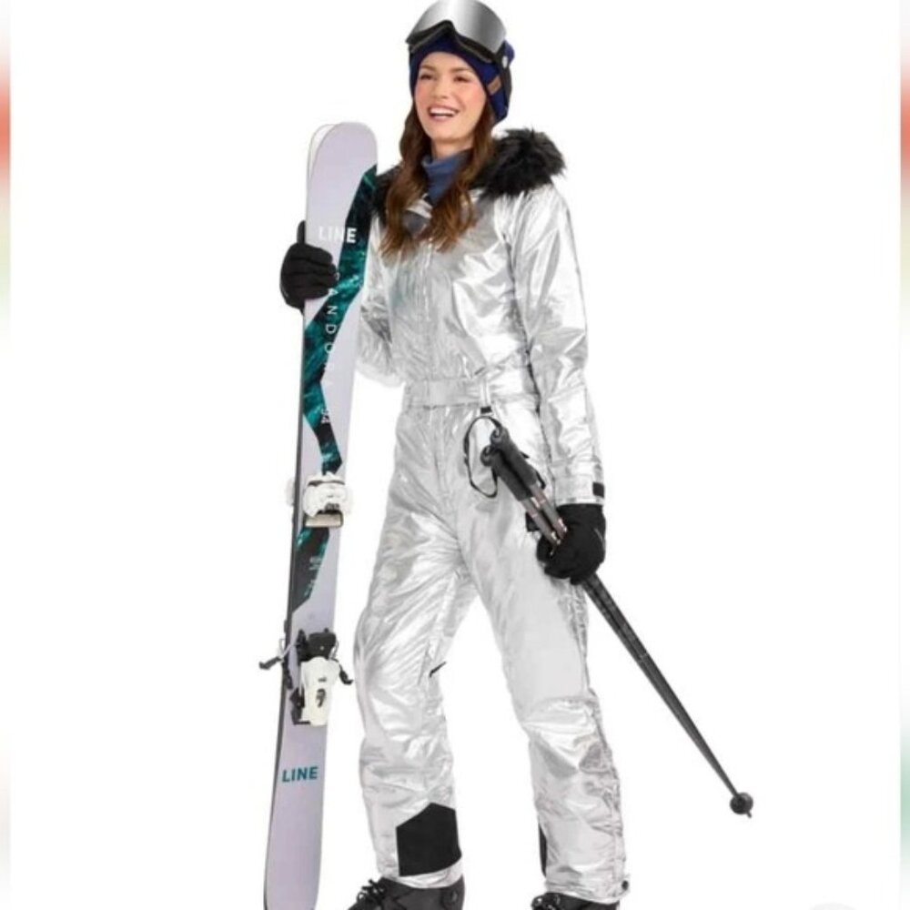 Tipsy Elves Sleek Silver Bullet Ski Snow Suit Fur Trim Hood New Winter Snowboard